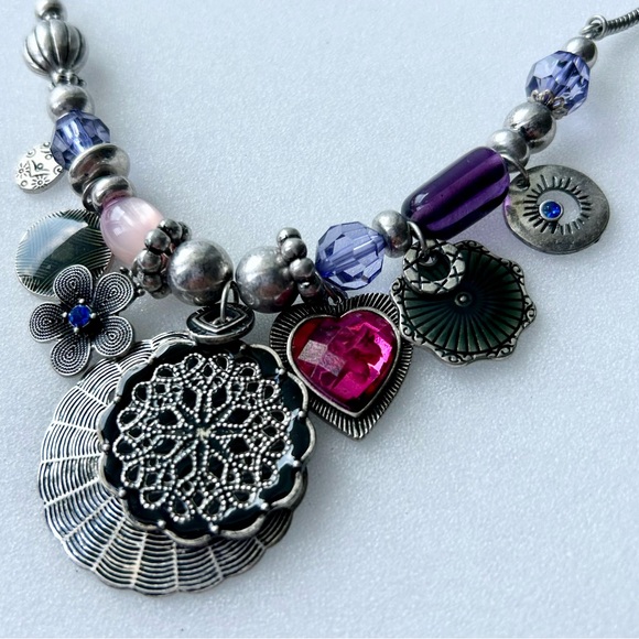 Tribal Sterling Silver Bib Necklace Purple Blue Pink Red Charms Snake Link 12” - Picture 2 of 11